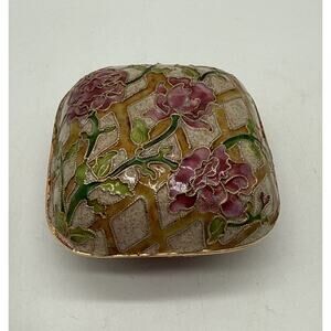 Vintage Enamel Cloisonné Trinket Jewelry Box 3.25” Square Lavender Pink Flowers